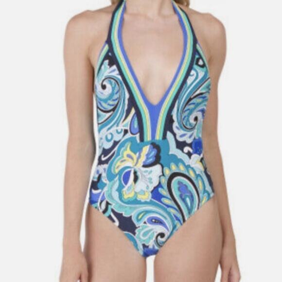 NEW Trina Turk Ipanema Plunge Geometric Print One Piece Swimsuit Size 6 Blue - Picture 1 of 5